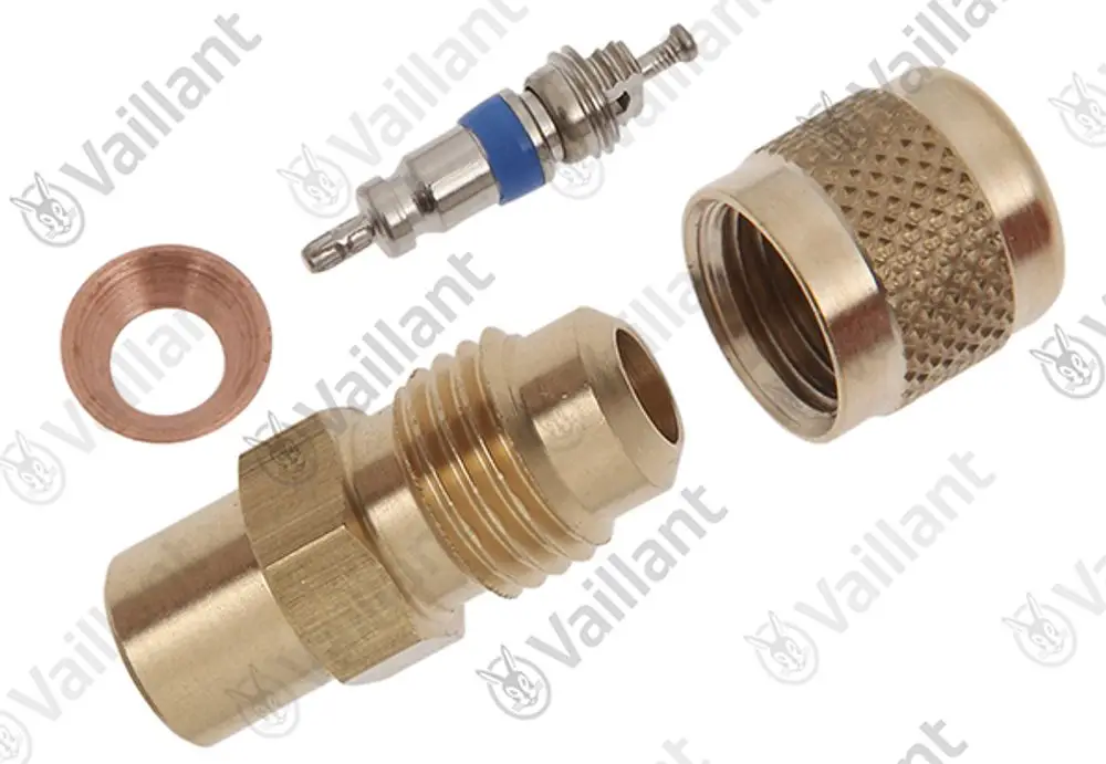 Vaillant Ventil mit verschiedenen Komponenten: eine Kupferdichtung, ein Schrader-Ventil und mehrere Messingteile mit Gewinden und strukturierten Oberflächen.